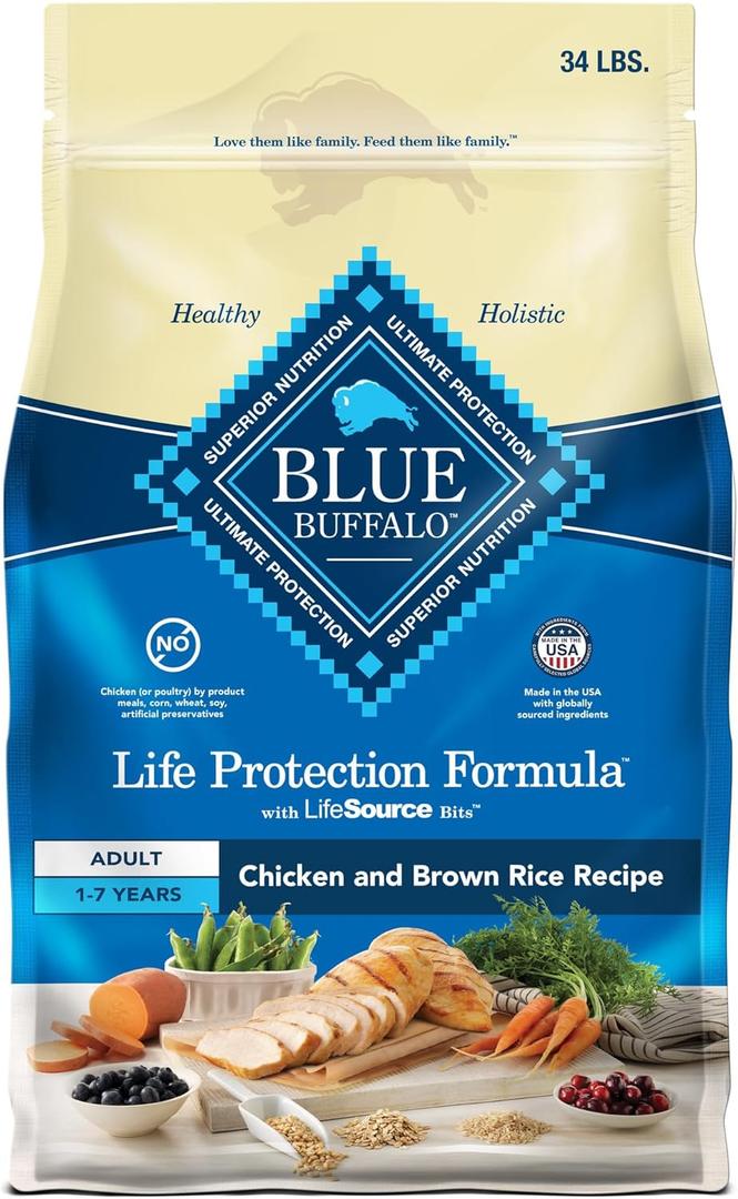 Blue Buffalo Life Protection Formula Adult Dry Dog Food, Helps Build and Maintain Strong Muscles, Made with Natural Ingredients, Chicken & Brown Rice Recipe, 34-lb. Bag (EXP 03/22/27)