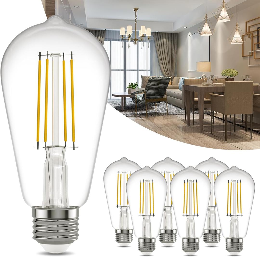 Kawaya E26 LED Edison Bulbs: 6-Pack 8W Equivalent 80W Dimmable LED Bulbs - Vintage ST58 5000k Daylight White - 800 Lumens High Brightness Bulbs with 90+ CRI - Clear Glass