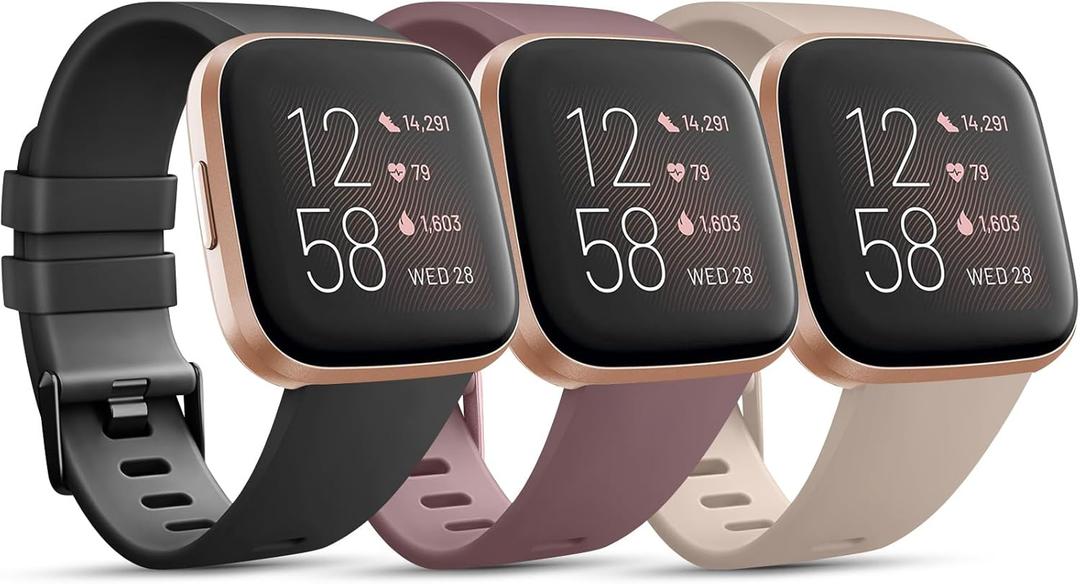 PACK 3 Soft Silicone Bands Compatible with Fitbit Versa 2 / Versa Lite - Adjustable Sport Bands for Women & Men - Small/Large (Black+Smoke Violet+Milk Tea, Large)
