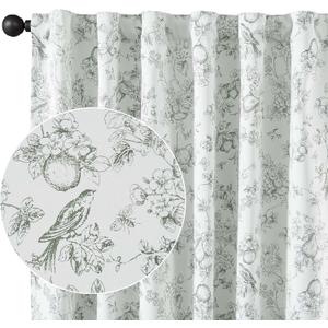 Vangao Sage Green 100% Blackout Curtains for Bedroom 90 Inch Length, Country Flower Floral Curtains for Living Room Toile Cottagecore Thermal Insulated Window Drapes, 2 Panels Green and White