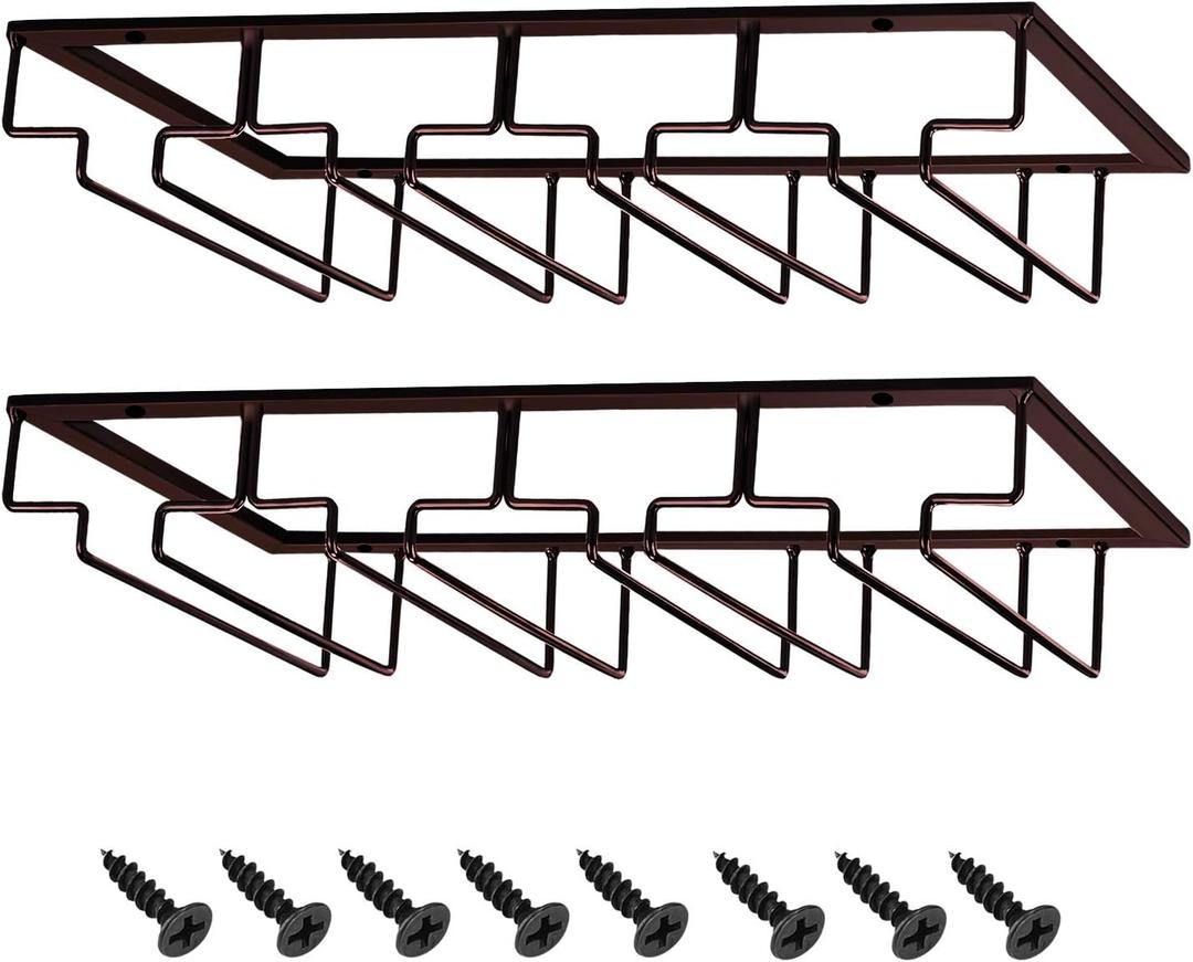 MOCOUM Wine Glasses Rack Under Cabinet Stemware Rack, Wine Glass Hanger Rack Wire Wine Glass Holder Storage Hanger for Cabinet Kitchen Bar (Brown, 4 Rows, Pack of 1)