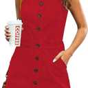 LookbookStore Women Sleeveless V Neck Button Down Frayed Hem Short Denim Dress (Red, XXL)