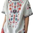 SeekMe Women's Cotton Linen Tops Embroidered Short Sleeve Peasant Boho Mexican Tunic Top Festival Casual Loose T Shirt (Large)
