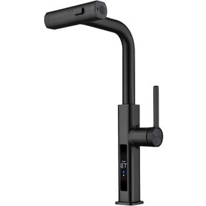 Lefton Pull-Out Waterfall Kitchen Faucet with Temperature Display, Two Water Outlet Modes, Single Hole, Matte Black, KF2209-3