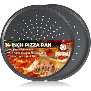 HONGBAKE 14.8 Inch Pizza Pan with Holes, 2 Pack Non-Stick Pizza Pan for Oven, Carbon Steel Perforated Pizza Tray, Crispy Pizza Set, Round Baking Sheet for Frozen & Homemade Pizza, Grey (Gray)
