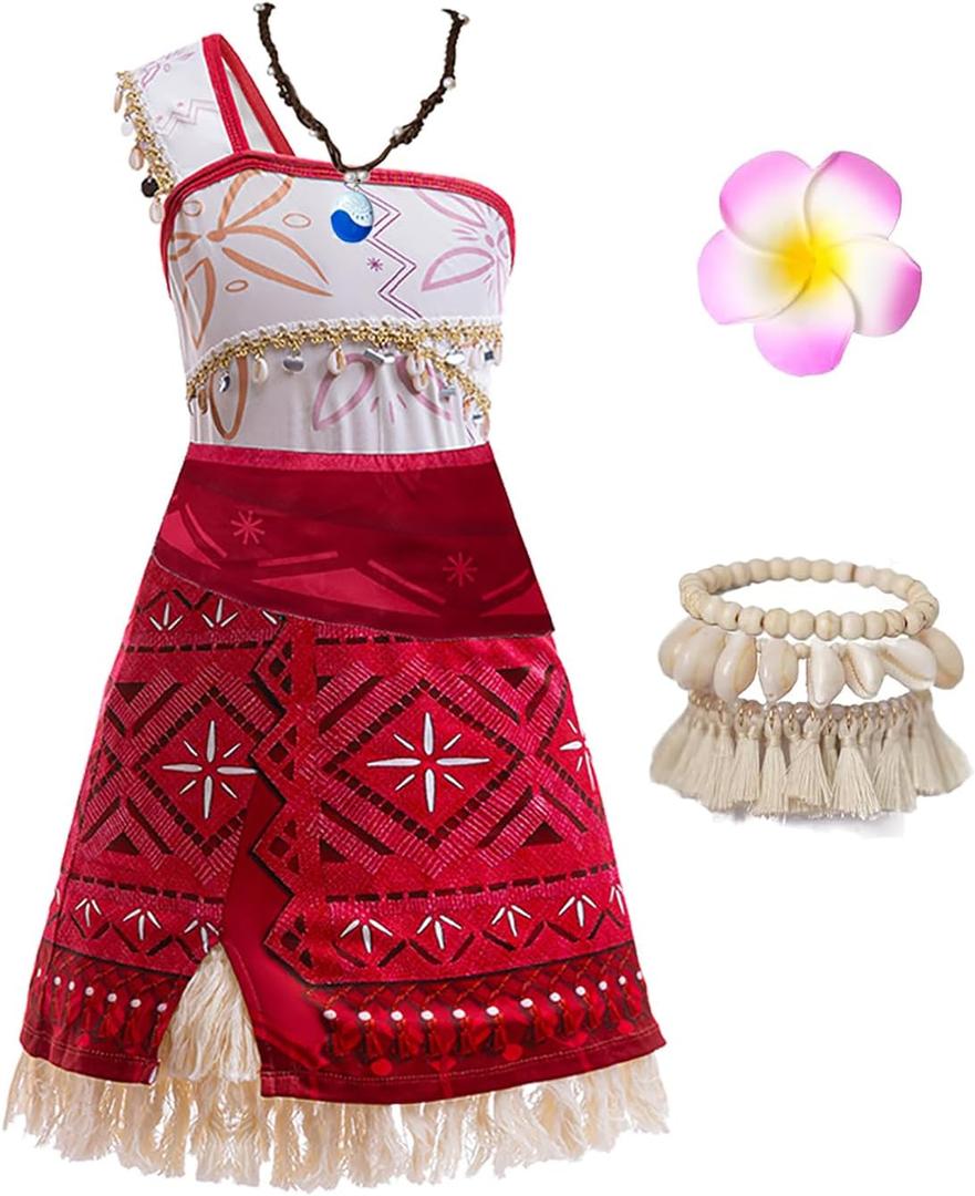 Princess Costume for Girls Adventure Outfit Ocean Birthday Party Dress Up with Necklace & Anklet Accesories (5Years-6Years, Red), 110