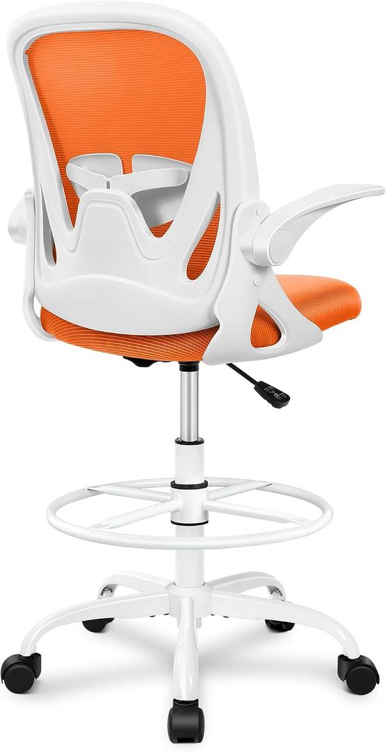 Primy Drafting Chair Tall Office Chair with Flip-up Armrests Executive Ergonomic Computer Standing Desk Chair with Lumbar Support and Adjustable Footrest Ring (Sunset Orange), 934-Z