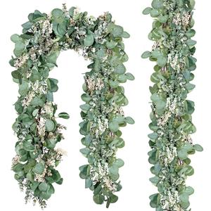 Ouddy Decor 2 Pack Eucalyptus Garland Total 13.1 Ft Lush Silver Dollar Leaves Boxwood with White Buds Artificial Faux Greenery Vines for Baby Shower Wedding Party Table Runner Room Home Mantle Decor
