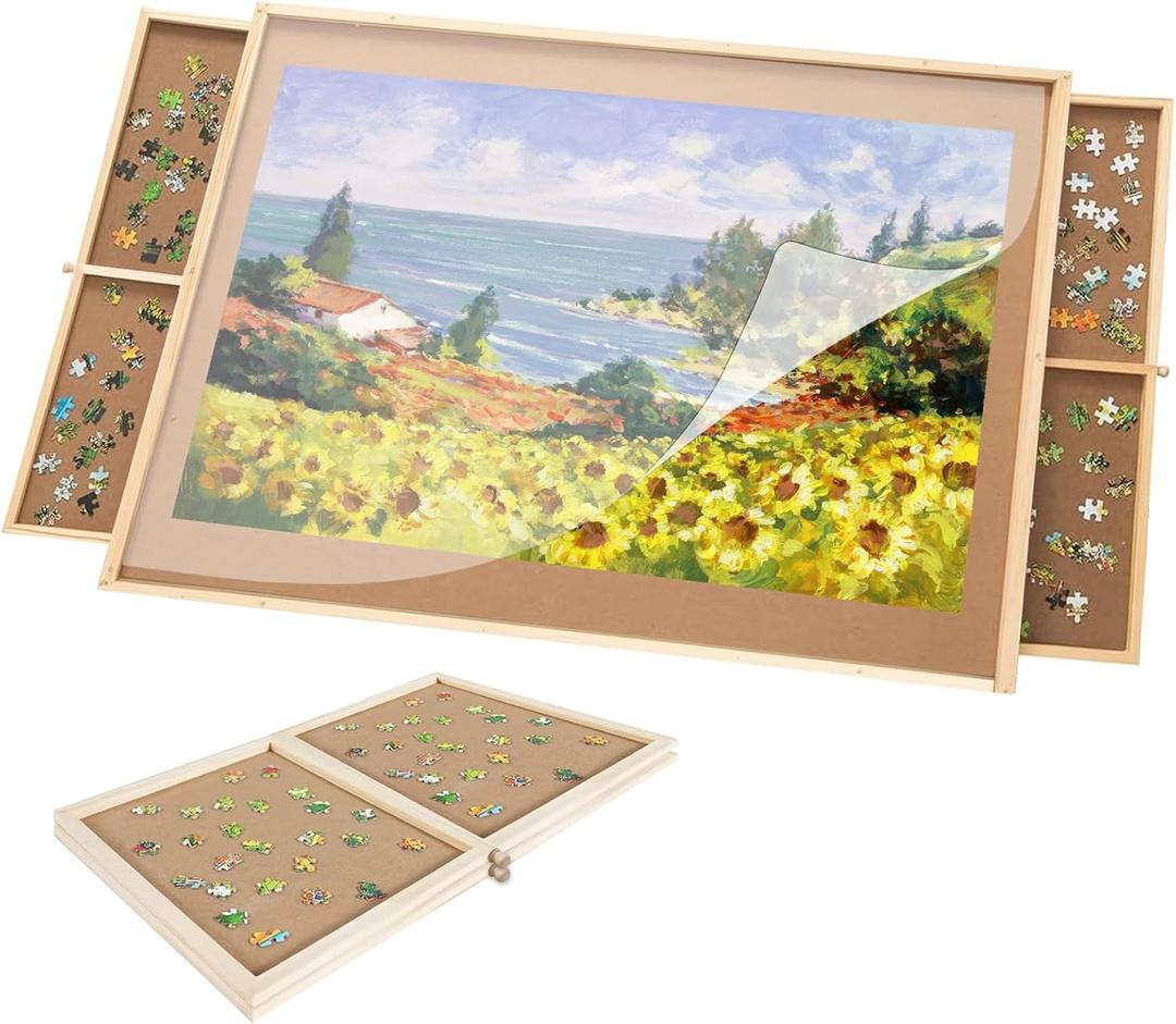 Puzzle Board with Drawers 500 Piece, Small Puzzle Board 14" x 28" Jigsaw Puzzle Table with Cover Mat, 4 Drawers, Small Puzzle Table, Birthday Gifts