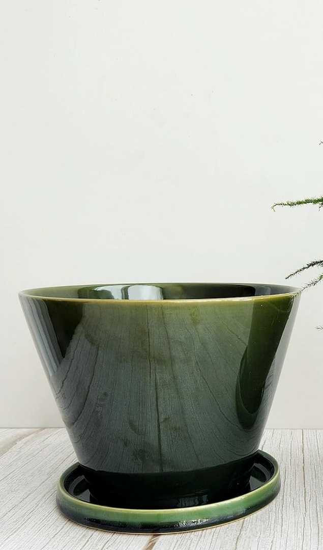 Glazed Gradient Color Ceramic Planter with Drainage Hole & Saucer for Indoor Tropical Plants, Green Reactive Glaze Plant Pot (Emerald Green, 6")