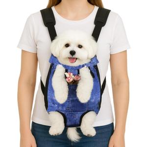 Dog Backpack Carrier, Front Pocket for Essentials, Legs Out Carrying Sling Travel Bag for Small Medium Dogs 4-7 Lbs, Soft Wearable Puppy Chest Carry Backpacks for Walking/Hiking/Camping/Traveling (Denim Print Fabric)