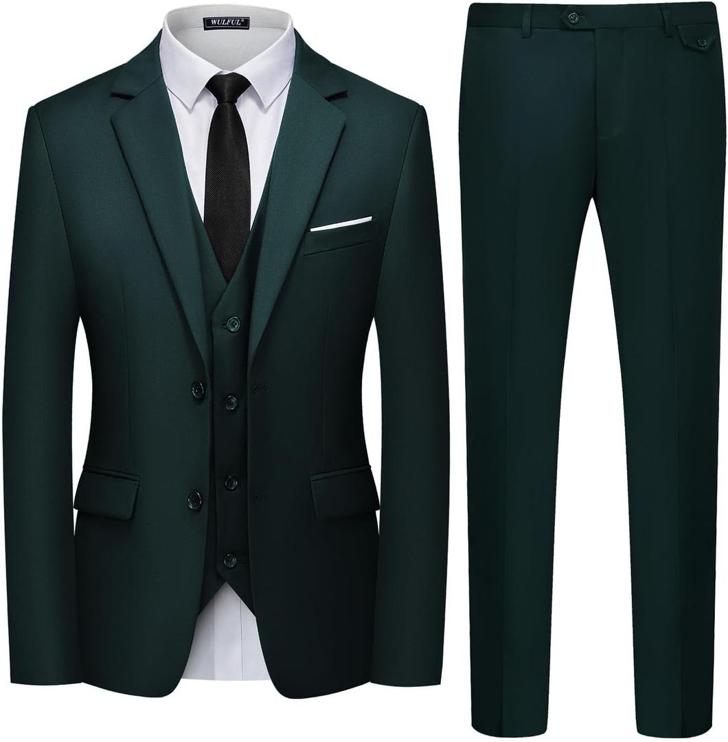 WULFUL Men's 3 Piece Slim Fit Suit Set Two Button Blazer Jacket Vest Pants Tuxedo Set for Party, Wedding and Business, S