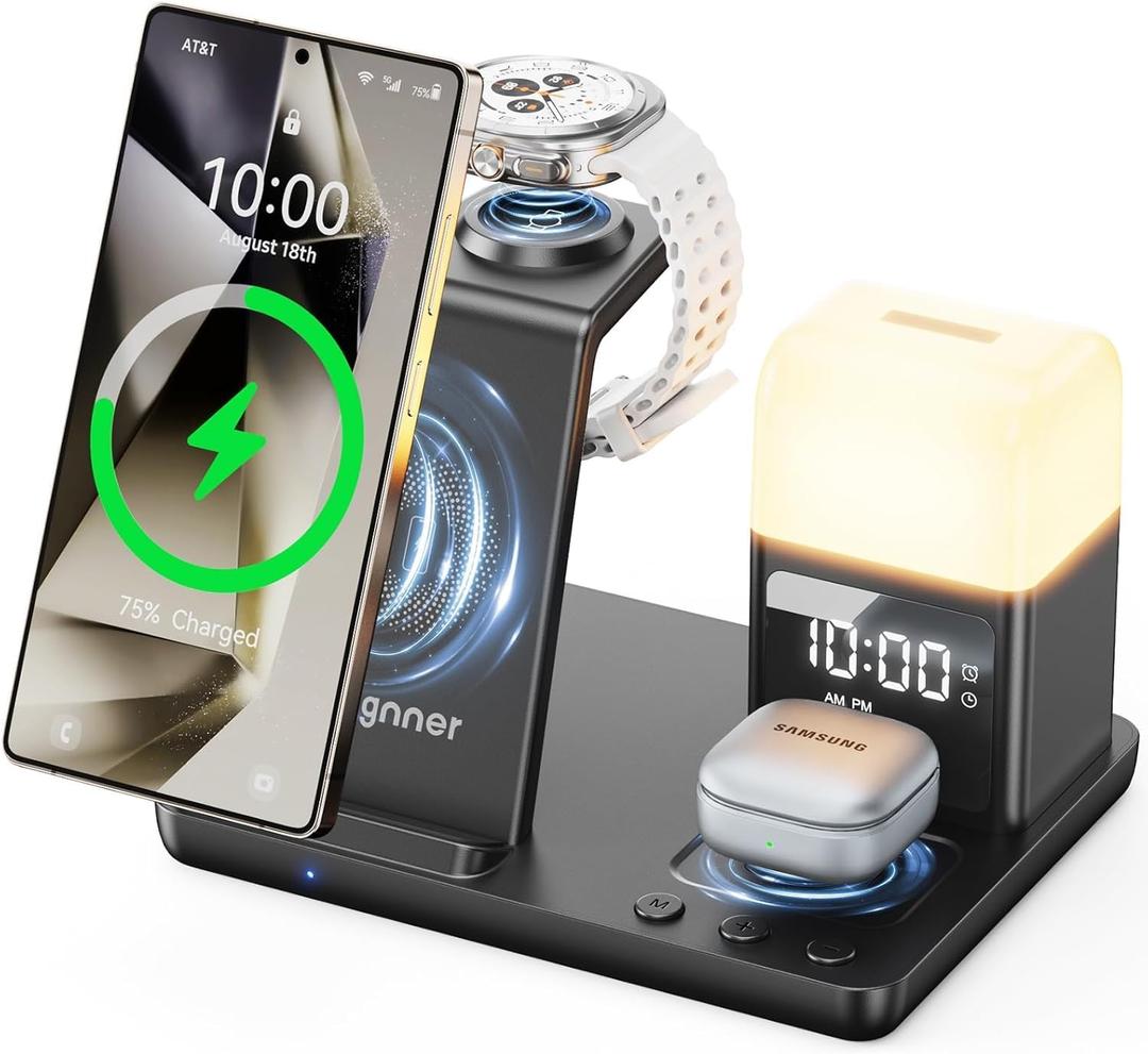 6 in 1 Wireless Charging Station for Samsung Android with Clock & Night Light，Alarm Clocks for Bedrooms,Wireless Charger Stand Beside Clock for Galaxy S26 S25 S24 Ultra Galaxy Watch Galaxy Buds