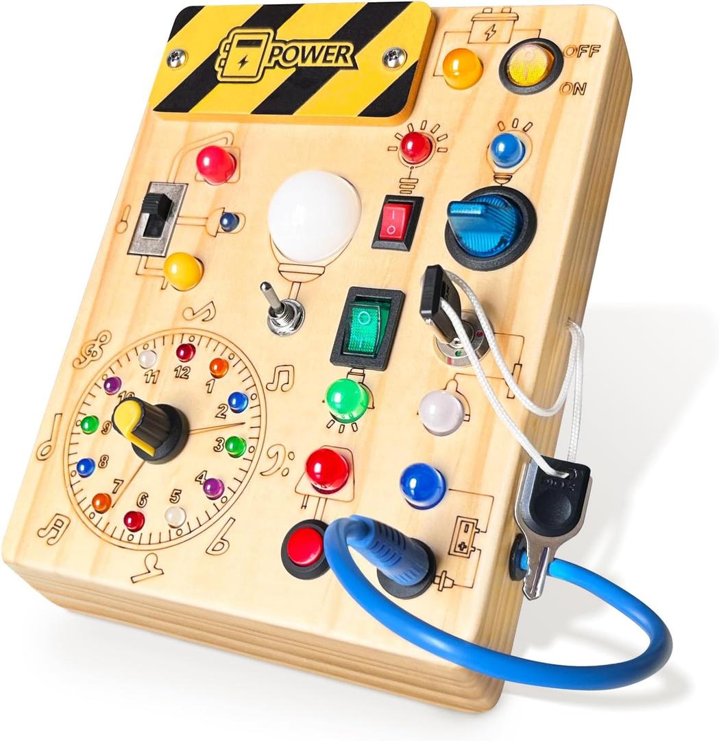 Busy Board, Montessori Toy for 1-3 Years Old, Wooden Toddler Sensory Travel Toy, Ideal Gift for 1+ Year Old Boys (Busy Board Plus V2), Medium, Yellow
