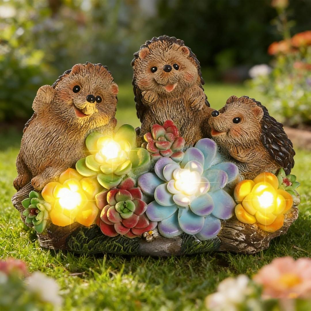 3 Hedgehog Solar Garden Statues with Succulent Animal Figurines Resin Hedgehog Decor Outdoor Statues, Ideal Decoration for Lawn Patio Yard, Gifts for Men Women