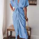 Women Elegant Satin Button Down Short Sleeve Maxi Shirt Dress with Belt (Blue, M)