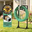 YQSLYSF Garden Hose Reel Holder, Water Hose Stand with 4 Stake and 2 Tool Hooks, Heavy-Duty Metal Hose Storage Holds 150Ft, Freestanding Hose Hanger Rack for Outside, Yard, Lawn, Farm（White）