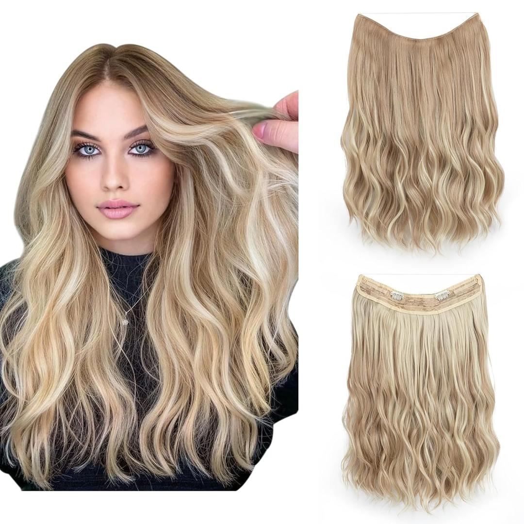 SARLA Invisible Wire Hair Extension with 3 Clips Synthetic Short Beach Wave Hairpiece Transparent Adjustable Headband for Women 16 Inch Dirty Blonde