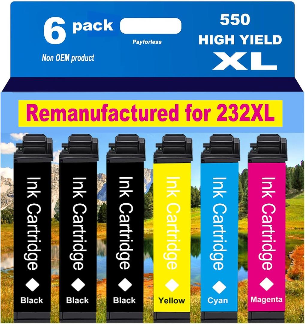 PayForLess Remanufactured for 232XL Ink Cartridges Combo Pack for 232 XL for Epson XP-4200 XP-4205 Workforce WF-2930 WF-2950 Printer 6 Pack 3 Black 1 Cyan 1 Magenta 1 Yellow