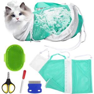 Cat Bathing Bag, Cat Shower Net Pet Bag, Cat Grooming Washer Mesh Bag, Adjustable Breathable Multifunctional Anti-Bite and Anti-Scratch Restraint Bag with Pets Nail Clippers for Cat's Bathing