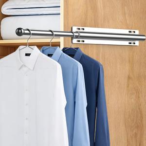 Valet Rod for Closet Retractable, 13.4"-23.2" Pull Out Clothes Hanger Rail, Heavy Duty Alloy Steel Side Mount Wardrobe Bar, Adjustable Organizer Rack for Laundry Room, Bathroom, Entrance (Nickel)