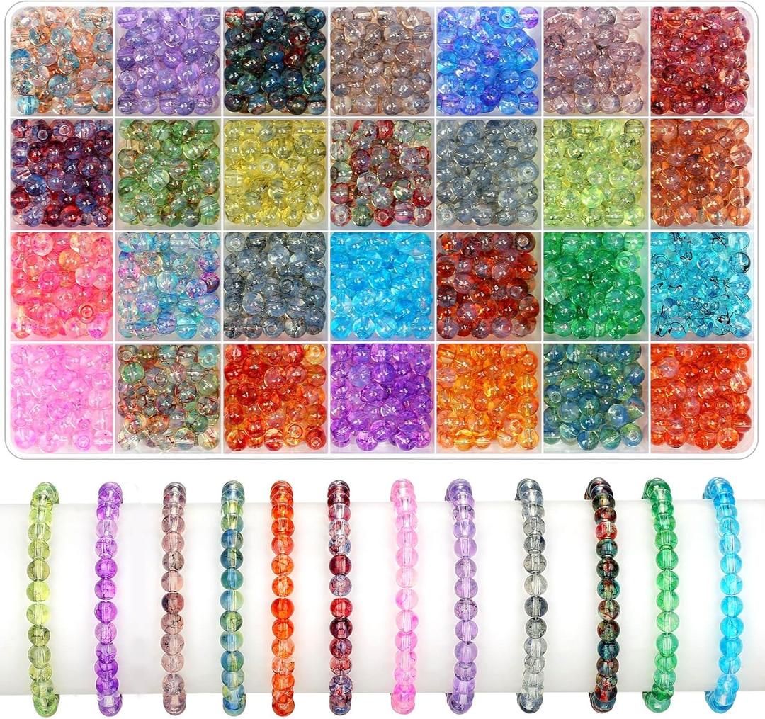 shynek 1400 Pieces 6mm Round Glass Beads for Bracelets, 28 Colors Bracelet Beads, Glass Crystal Beads for Jewelry Making, Bracelet Making and DIY Crafts(Ink Patterns Color)