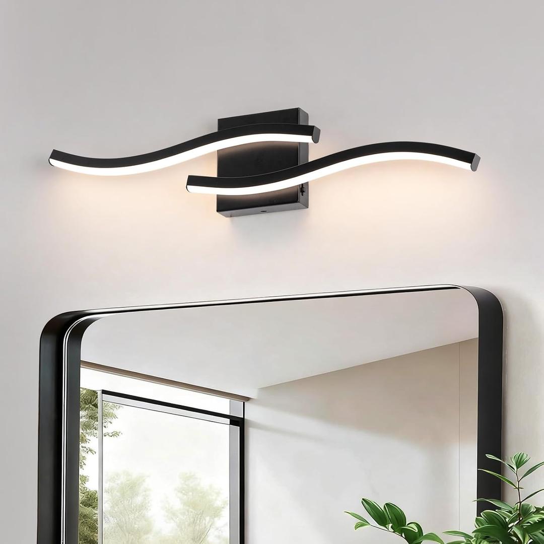 Black Curved Bathroom Vanity Light Fixture Over Mirror, 23.62 inch Modern LED Wall Lamp 5CCT Dimmable Bathroom Light Fixture Modern Vanity Lighting Wall Sconces