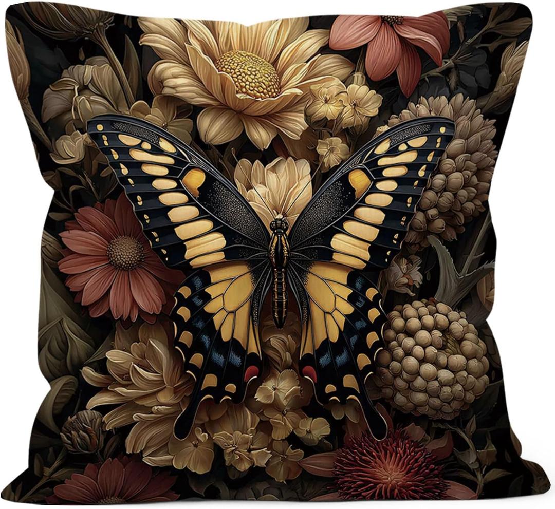 Moody Butterfly Floral Throw Pillow Cover Gifts 18x18, Vintage Dark Cottagecore Academia Decor Pillow Cases for Bedroom Living Room, Cottage Core Decorative Pillowcases for Couch Bed Sofa