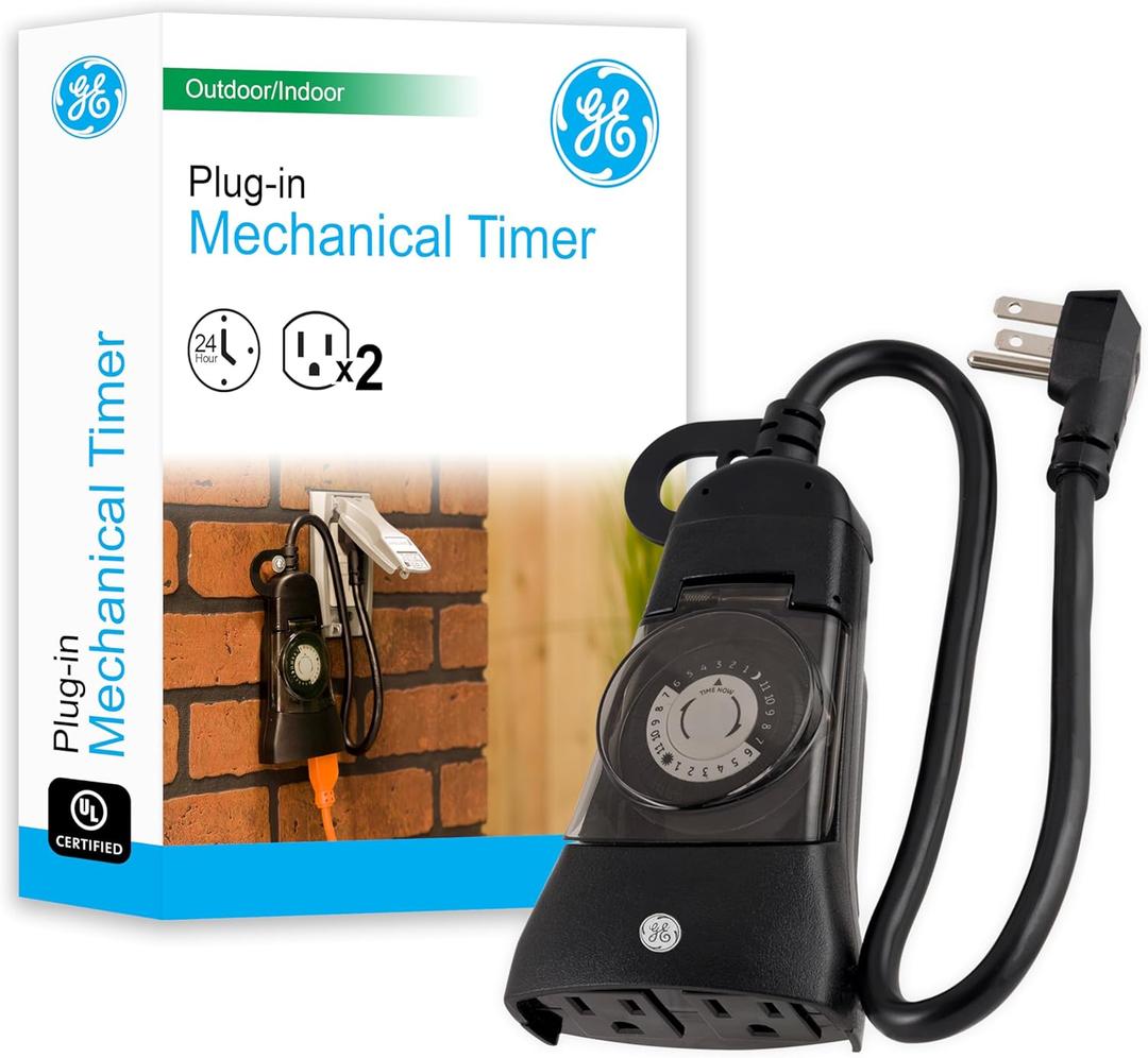 GE 24-Hour Indoor / Outdoor Programmable Mechanical Timer, Dual Outlet Plug-In, 2 Grounded Outlets, Heavy Duty Weather Resistant, 30 Minute Intervals, 15138
