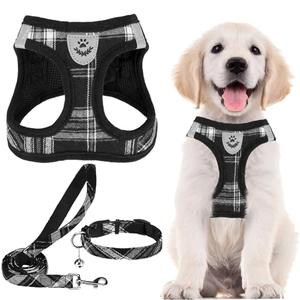 PUPTECK Adjustable Dog Harness Collar and Leash Set Step in No Pull Pet Harness for Small Medium Dogs Puppy and Cats Outdoor Walking Running, Soft Mesh Padded Reflective Vest Harnesses, Black XL