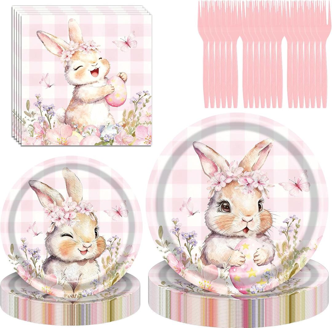 80Pcs Easter Paper Plates Napkins Forks Easter Tableware Set Flower Egg Bunny Disposable Dinnerware Religious Spring Picnic Favors Bunny Party Decorations (Pink-Bunny)