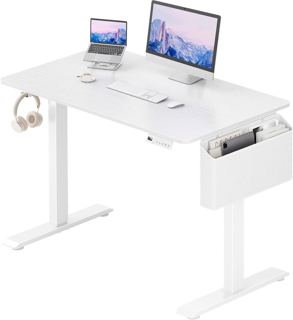 White Electric Sit To Stand Desk - 40 Inch Small Computer Desk Adjustable Height for Work Study Writing, Compact Sit Stand up Desks Table Workstation for Small Space Adult Boy Girl Home Office Bedroom