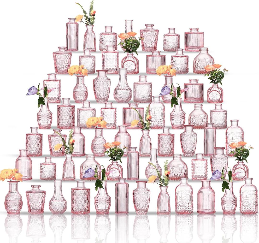 Glass Bud Vases Set of 64 - Pink Assorted Small Mini Glass Vases for Flowers, Crystal Vintage Vase Set, Bulk Centerpieces for Table Dcor, Wedding, Home and Events (Pink, 64 Pcs)