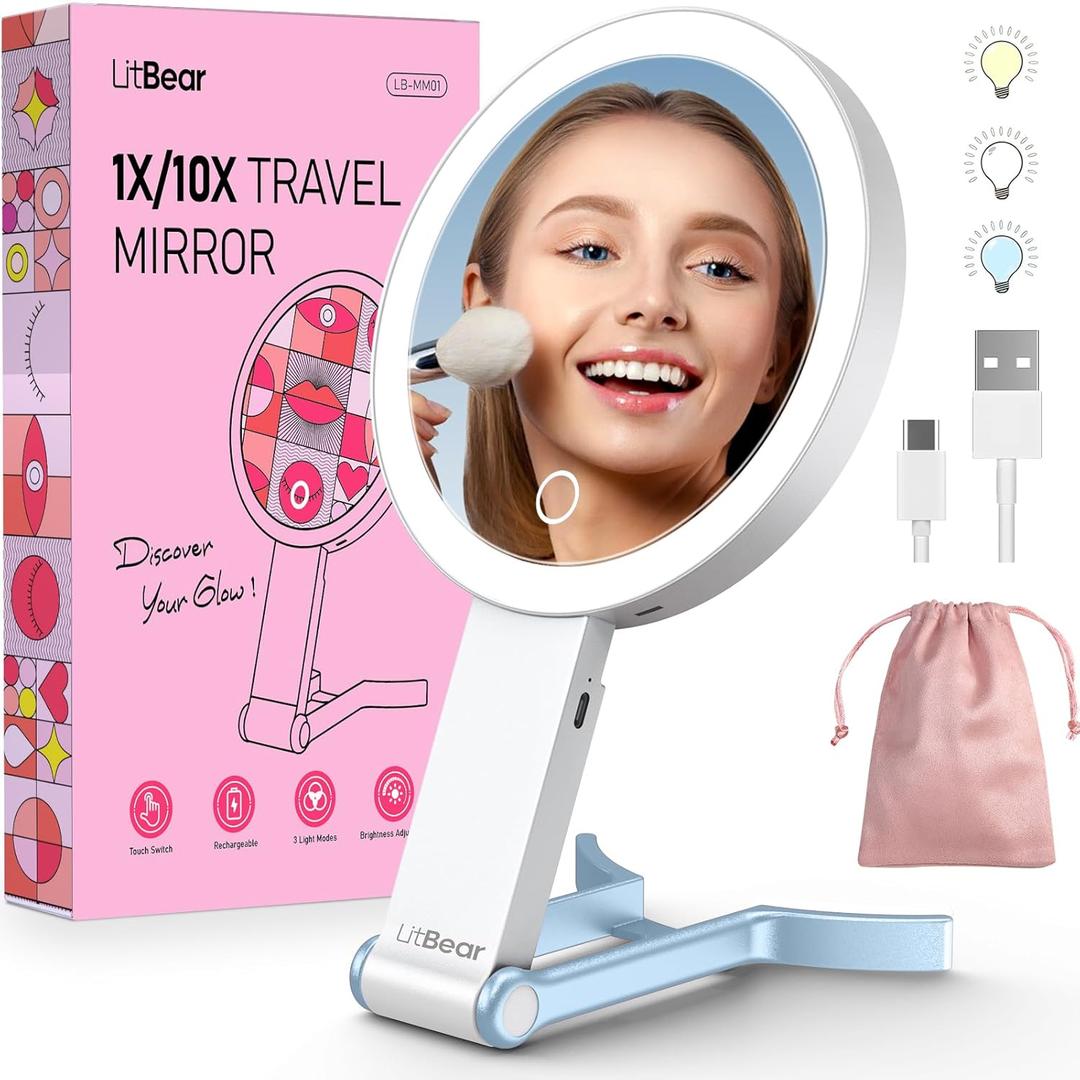 LitBear Travel Makeup Mirror with Lights, Rechargeable Double-Sided 10X/1X Magnifying Mirror, Portable Lighted Beauty Mirror, 3 Color Lighting, Dimmable Touch Screen, Tabletop Handhold Hanging (Blue)