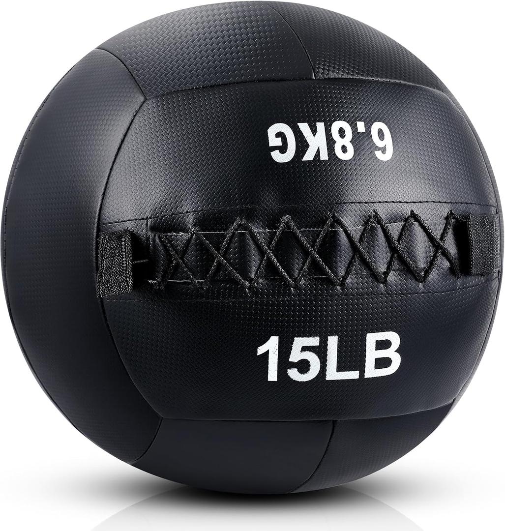 Lunmon Soft Wall Medicine Ball for Exercise Fitness Slam Weighted Med Ball with Non Slip Grip for Slamming Workout Strength Conditioning Core Training Lunge and Partner Toss, 15 lb