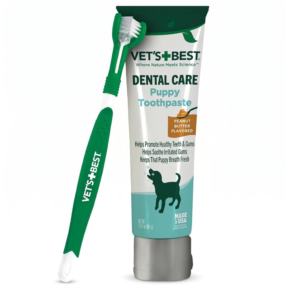 Vet's Best Dog Toothpaste & Toothbrush Kit for Puppies  Puppy Essentials  Dog Toothbrush & Toothpaste for Young Dogs- Perfect for Puppy Teething, Freshens Breath - Peanut Butter Flavor, 3.5 oz