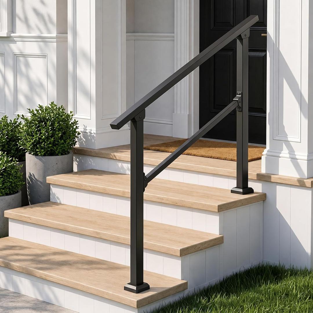 Hand Rails for Outdoor Steps, 3-Step Metal Stair Railing Kit, Matte Black