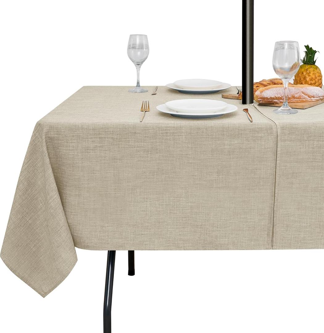 LUSHVIDA Outdoor Tablecloth with Umbrella Hole - Patio Table Cloth Zippered Rectangle 60x84 Inch, Linen-Look Polyester Table Cover Water Resistant for Picnic Outside, Natural Color