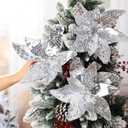 6 Pcs 10.6'' Christmas Large Silver Mirrored Poinsettias with Clips Artificial Glitter Poinsettias Flowers Christmas Tree Ornaments for Xmas New Years Eve Garland DIY Project Winter Wedding Decor