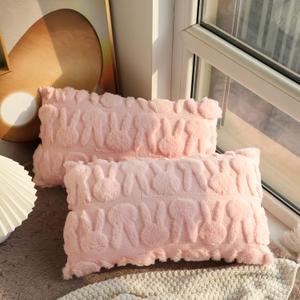 Cute Plush Pillow Covers 12x20 inch Set of 2 Easter Rabbit Fall Throw Pillow Cases Soft Lumbar Cushion Case for Sofa Bedroom Holiday Festivals Home Decor Pink