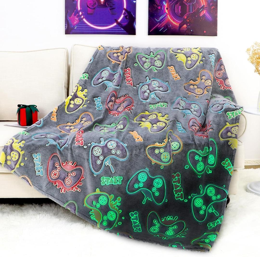 Glow in The Dark Game Controller Blanket Gamer Gifts Toys for Kids Boys Boyfriend Gaming Gamepad Presents Birthday Christmas Easter (Twin Size - 60 x 80 inches)