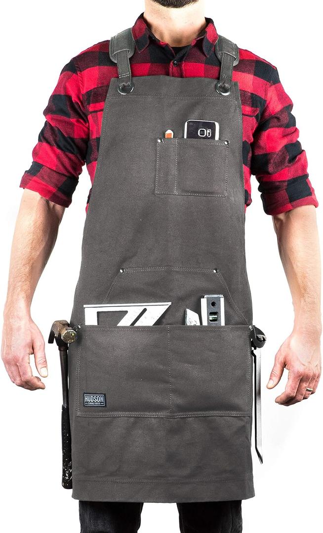 Hudson Durable Goods Deluxe Edition Waxed Canvas Tool Apron for Men and Women, Heavy Duty Work Apron with Pockets for Tools, Adjustable Crossback Straps - Grey