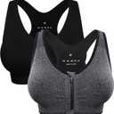 Women's Zip Front Sports Bra Wireless Post-Surgery Bra Active Yoga Sports Bras (Large, Black+grey-2 Pack)