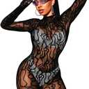 Women Sexy Fishnet Full Bodysuit, Mesh Lace Poster Jumpsuit Glow Party Rave Outfits, Body Stockings Halloween Costume (Black)