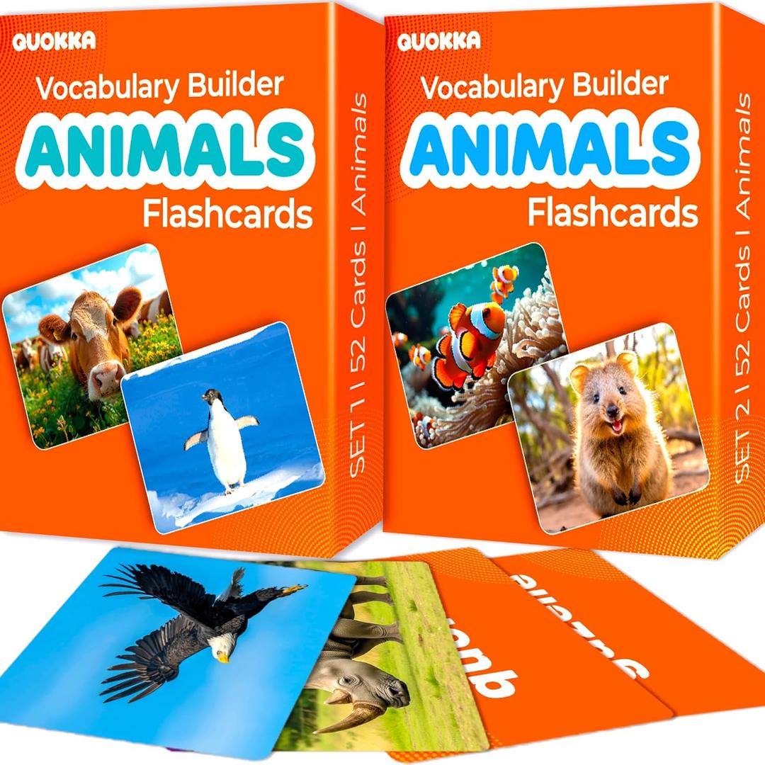QUOKKA 104 Animal Flash Cards Set Kids and Adults Vocabulary Builder for ABA Therapy, Early Childhood Education, ESL Teaching Picture Cards for Speech Therapy and Vocabulary Building Activities 2 Set