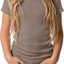 Oakgarden Girls' Short Sleeve Shirts Crew Neck Ribbed Knit Tops Casual Basic Slim Fitted Tees Summer Fashion Soft T Shirts (Beige)