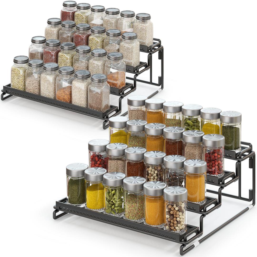 4 Tier Spice Rack Organizer for Cabinet - Black (2 Pack) | Spice Holder Shelf with Protection Railing for Inside Cabinets, Countertop, Pantry Storage & Seasoning Organization