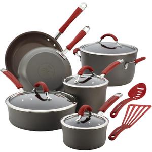 Rachael Ray Cucina Dishwasher-Safe Hard-Anodized Pots and Pans Set Non Stick Cookware, 12-Piece, Gray with Red Handles