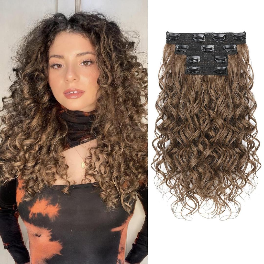REECHO Curly Hair Extensions, 4PCS 16 inch Clip in Hair Extensions Lace Weft Short Curly Hair Extensions Clip Ins Invisible Natural Hairpieces for Women, Light Brown