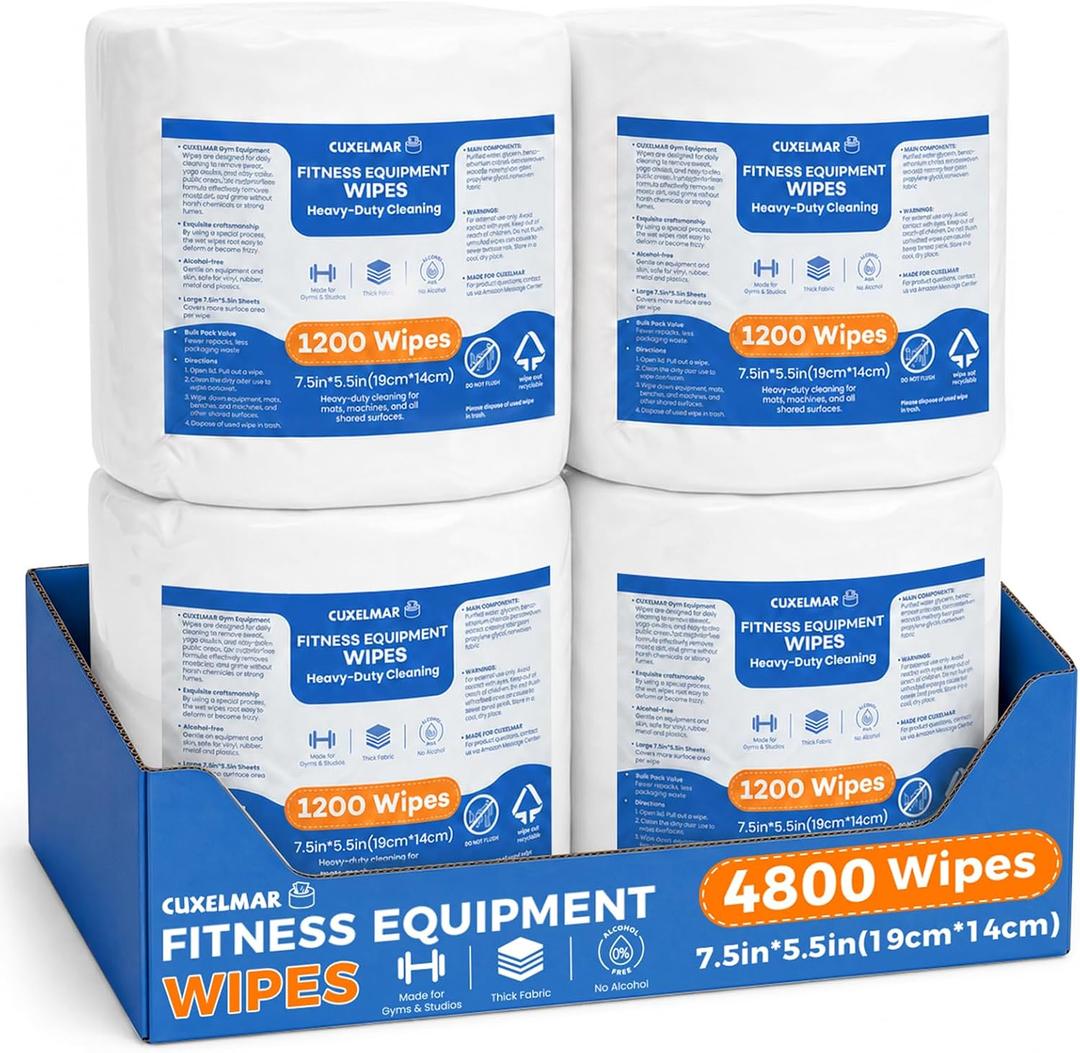7.5"x5.5" Gym Equipment Wipes, 4 x 1200 Count, 4800 Total, Alcohol-Free Pre-Moistened Equipment Wipes, Unscented, Commercial Fitness Cleaning Wipes for Exercise, Yoga & Workout Surfaces,